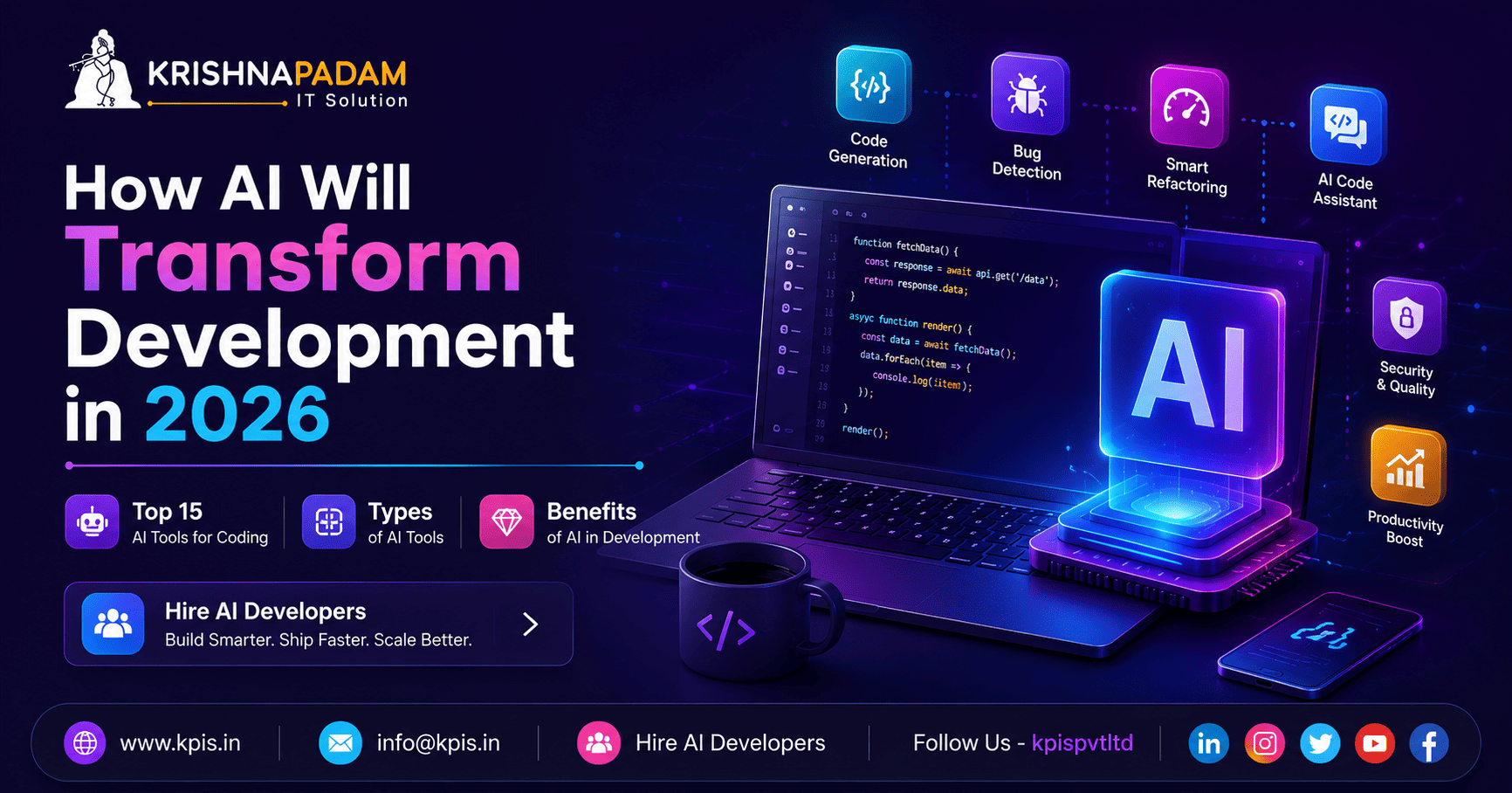 How AI Will Transform Development in 2026 | Top 15 AI Tools for Coding | Types | Benefits | Hire AI Developers- Krishna Padam IT Solution