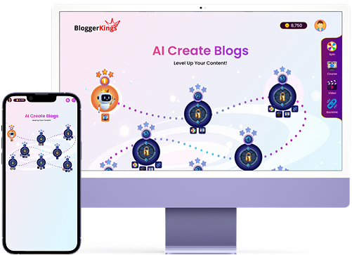 BloggerKings AI Create Blogs platform shown on desktop and mobile